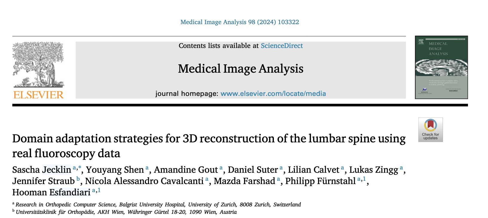 Title page crop of the Medical Image Analysis paper on domain adaptation for lumbar spine reconstruction