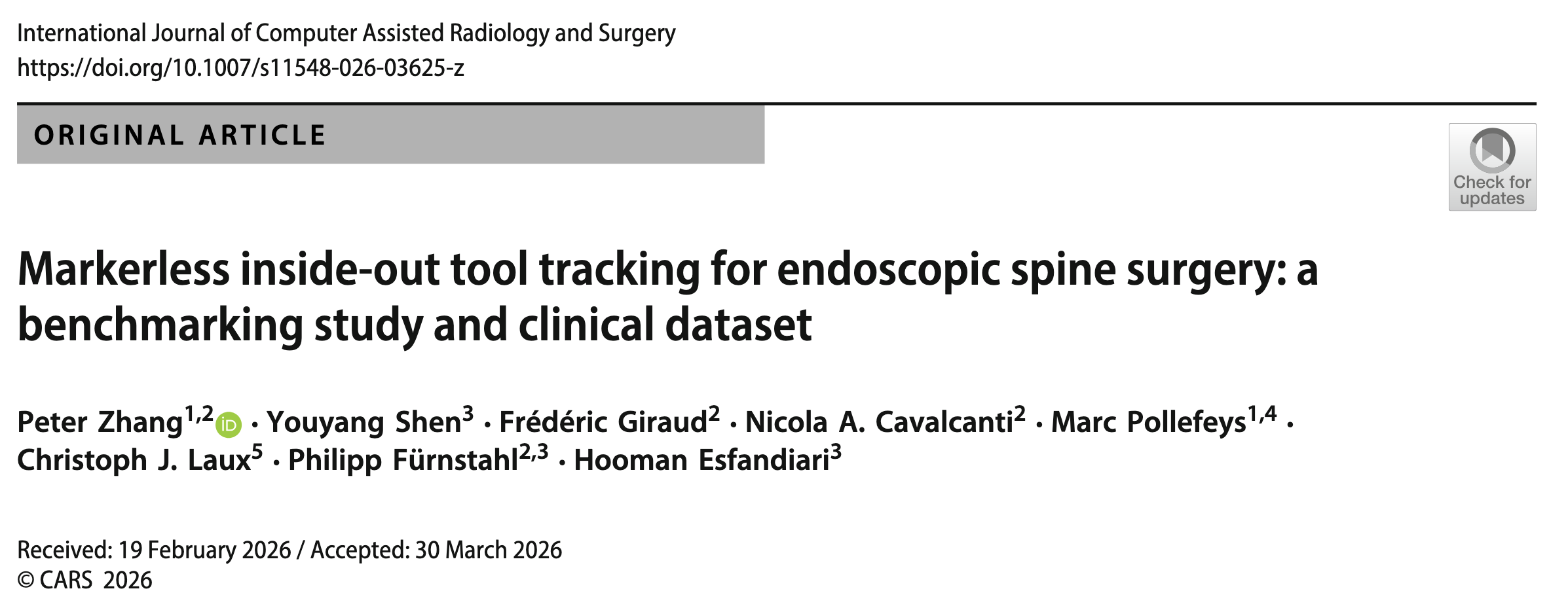 Title page crop of the journal paper on markerless inside-out tool tracking for endoscopic spine surgery