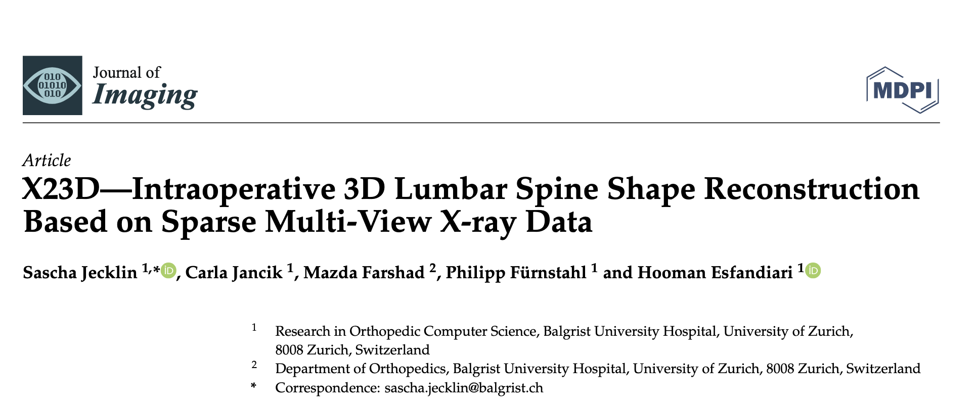 Title page crop of the Journal of Imaging paper introducing X23D