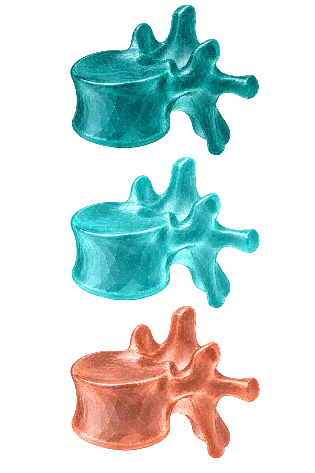 Three transparent STL-style lumbar vertebral reconstructions in distinct segmentation colors